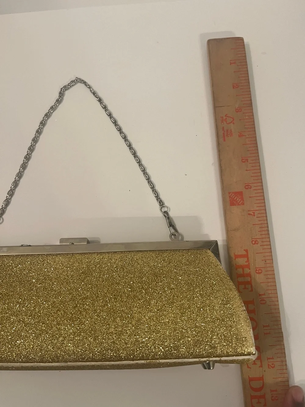 Gold Glitter Evening Bag Clutch Silver Chain Strap Formal Party Purse
